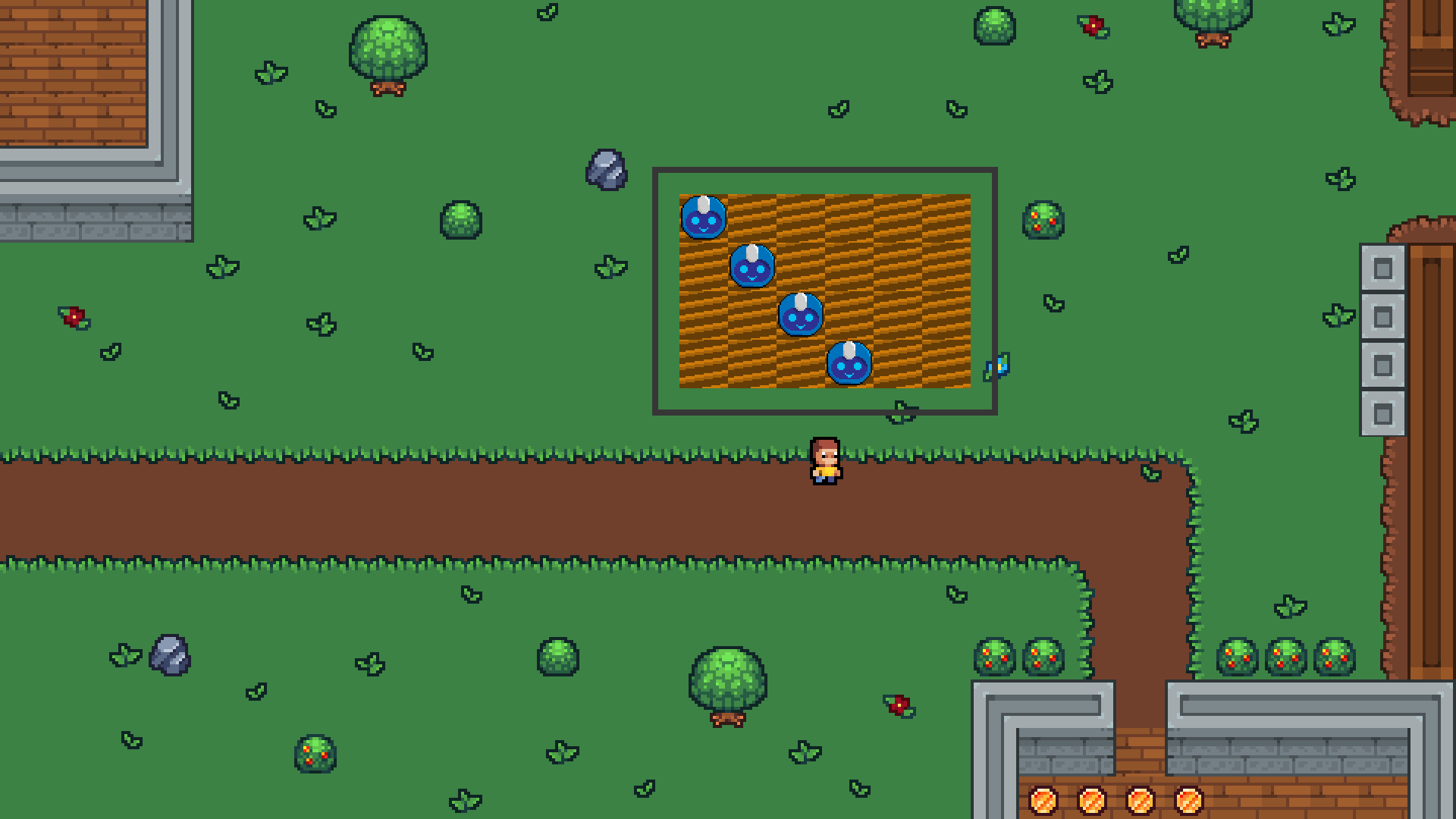Pixel-art farming game with a character, planted field, trees, and paths
