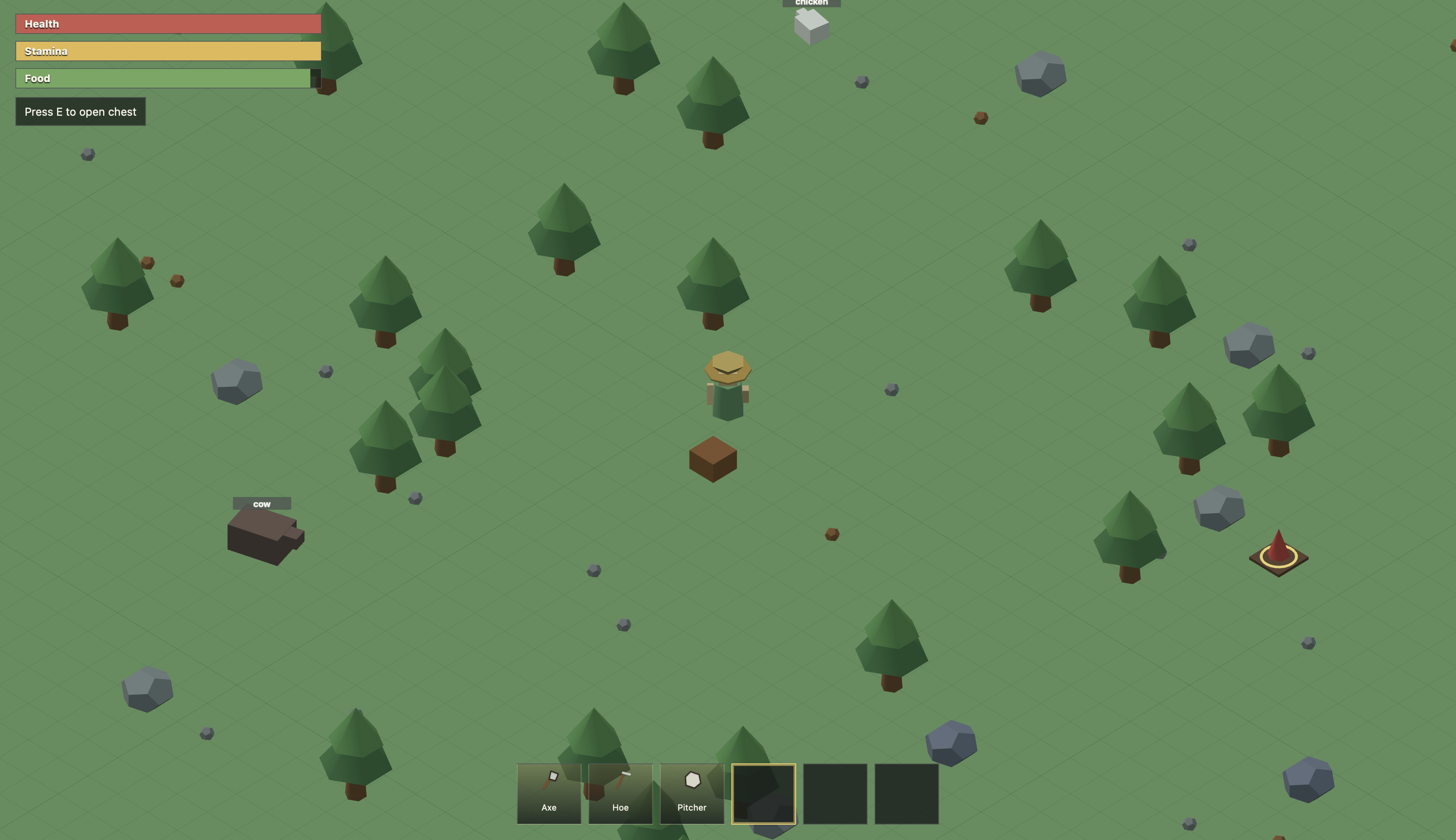 Low-poly game with a character, trees, animals, inventory, and health and stamina indicators